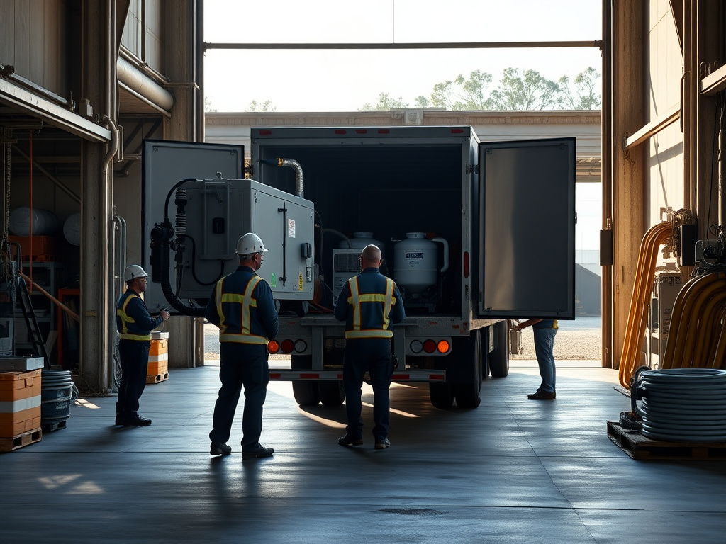 Florida polyurea crew preparing injection and spray equipment in a workshop setting