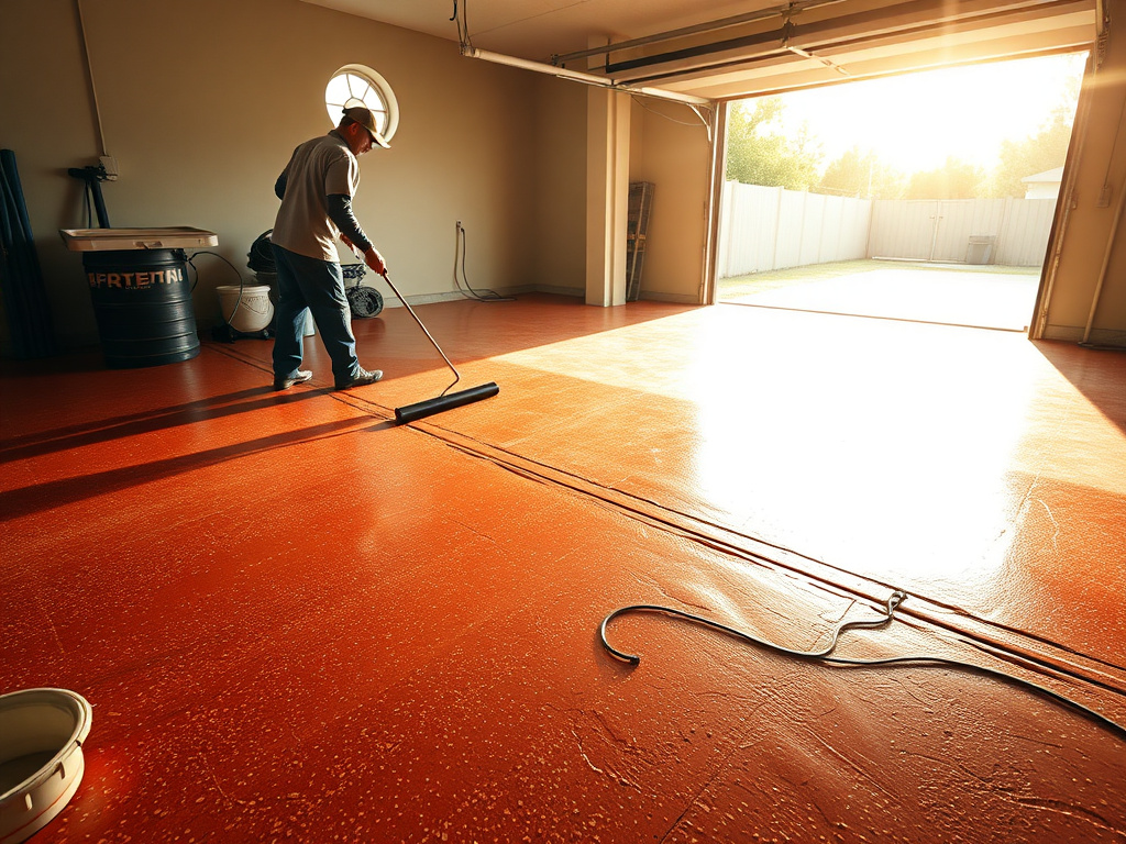 Florida contractor spray-applying a polyurea coating on a garage floor under work lights