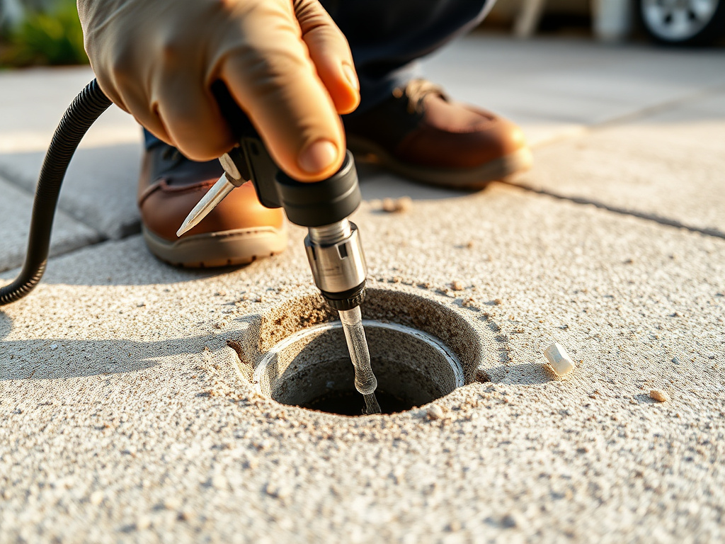 Technician injecting expanding polyurethane foam through a small hole in a Florida driveway slab