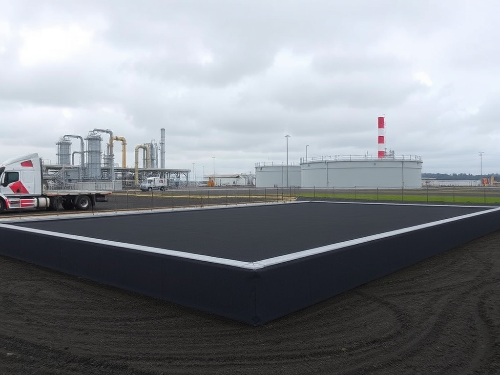 Industrial secondary containment berm lined with a charcoal chemical-resistant polyurea coating