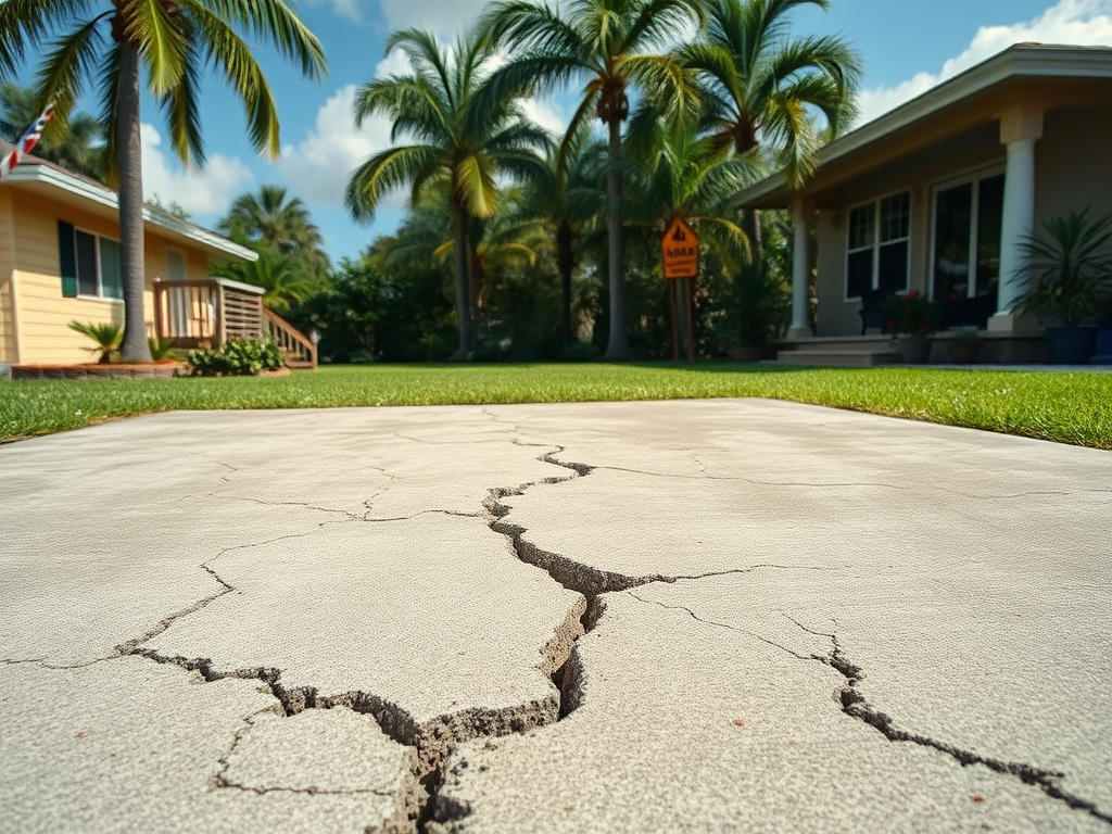 Cracked and sunken concrete slab in a Florida yard showing signs of sinkhole-related settlement