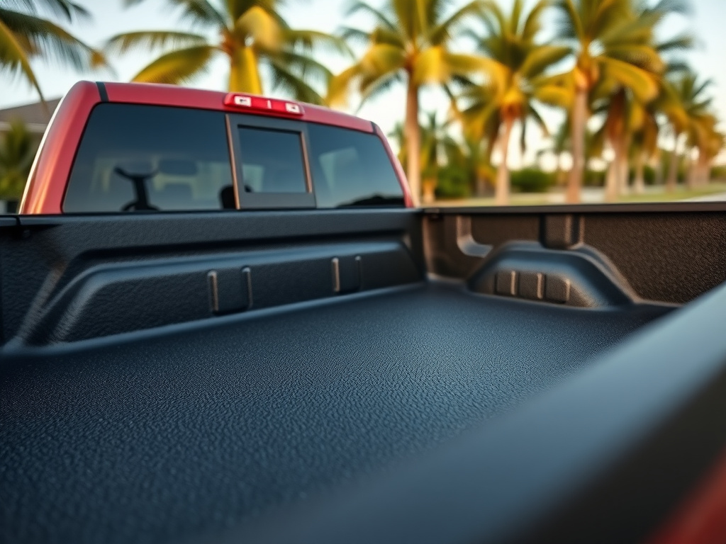 Pickup truck bed sprayed with a textured black polyurea bedliner